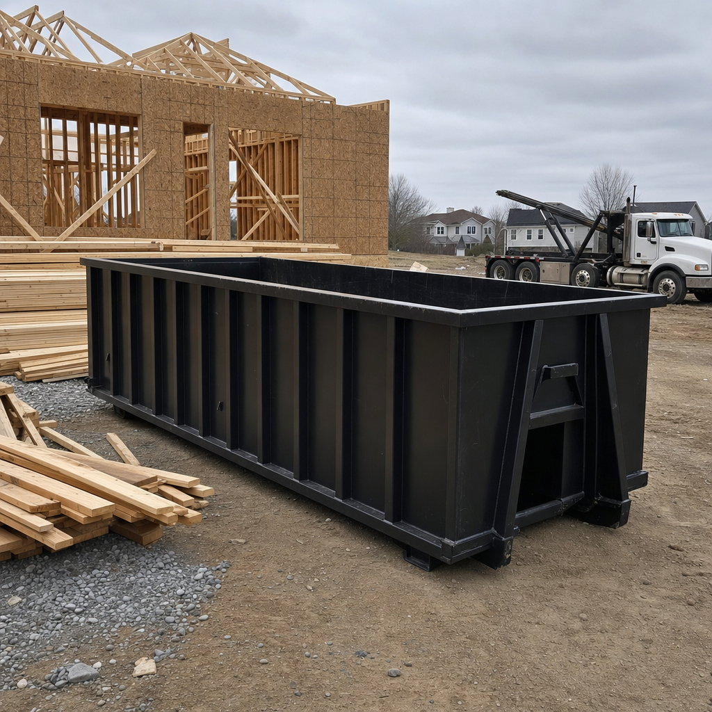 Matte-black 40-yard roll-off dumpster staged on a framed-out residential construction site in Merced, framing lumber stacked nearby, hooklift delivery truck visible in the background under bright Colorado daylight