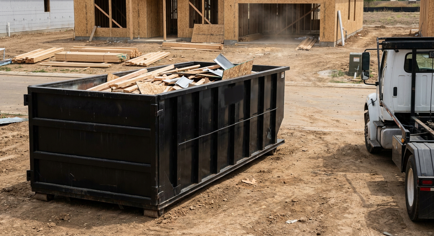 Matte-black 20-yard roll-off construction dumpster with heavy ribbed steel sidewalls and swing rear doors at a working jobsite in Merced, sitting directly on compacted dirt with an unmarked white hauler partially visible at the far edge of the frame.