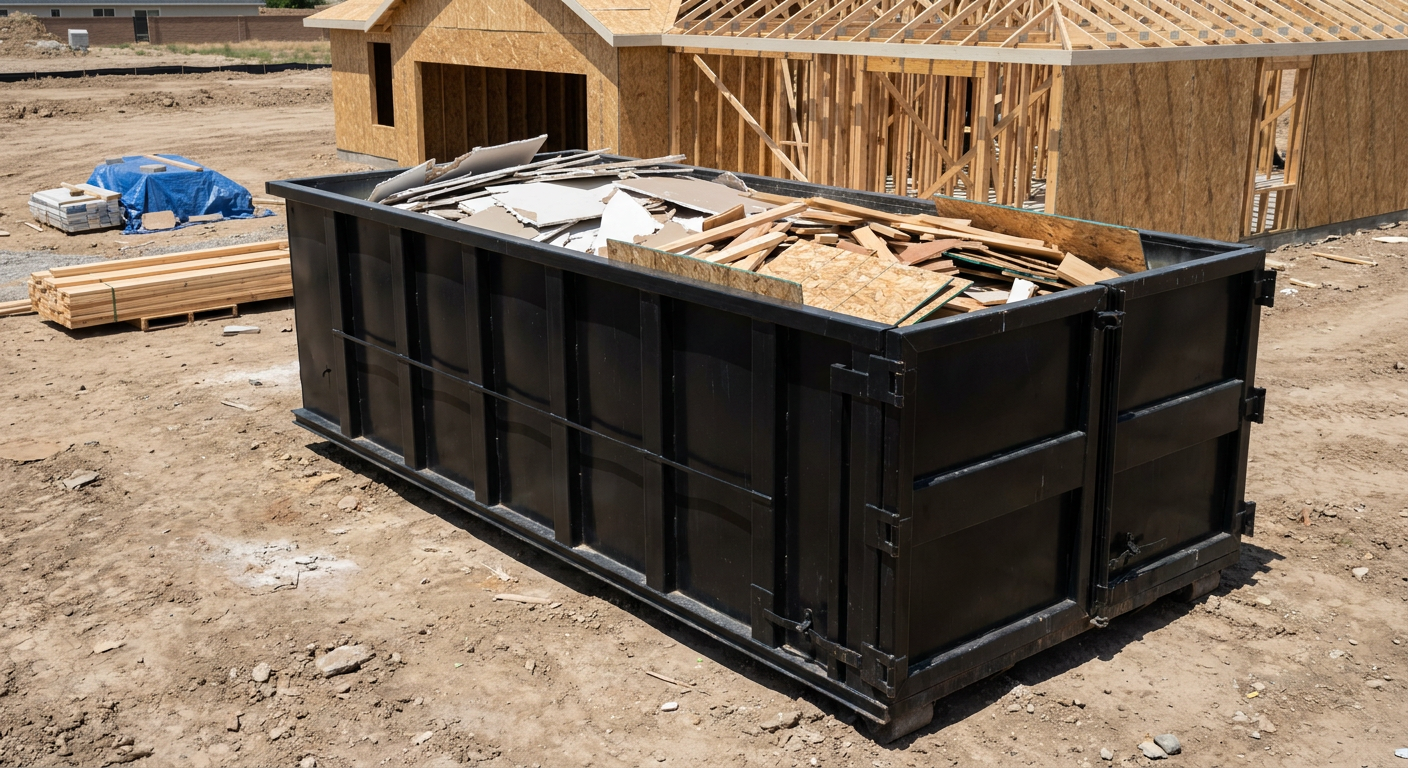 Matte-black 30-yard roll-off construction dumpster sitting directly on the compacted-dirt site of a framed single-family home build in Merced, drywall and lumber scrap loaded inside.