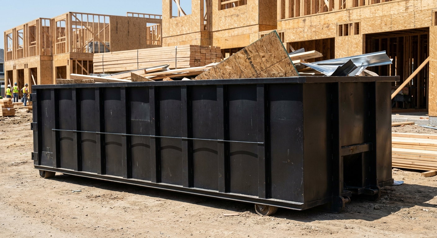 Matte-black 40-yard roll-off construction dumpster being lowered from a white-cab hooklift delivery truck onto the compacted-dirt jobsite at a commercial build site in Merced