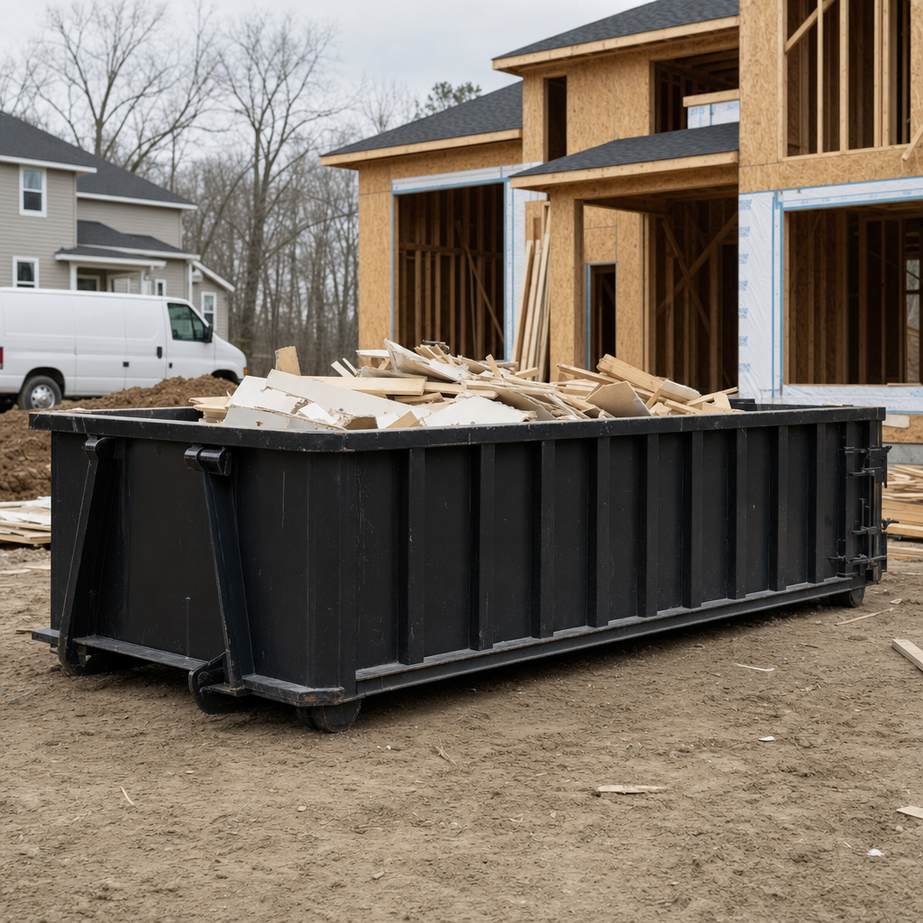 Worker in a yellow high-visibility vest tossing framing lumber and broken drywall into a matte-black 30-yard construction roll-off dumpster on an active build site in Merced, bright daylight
