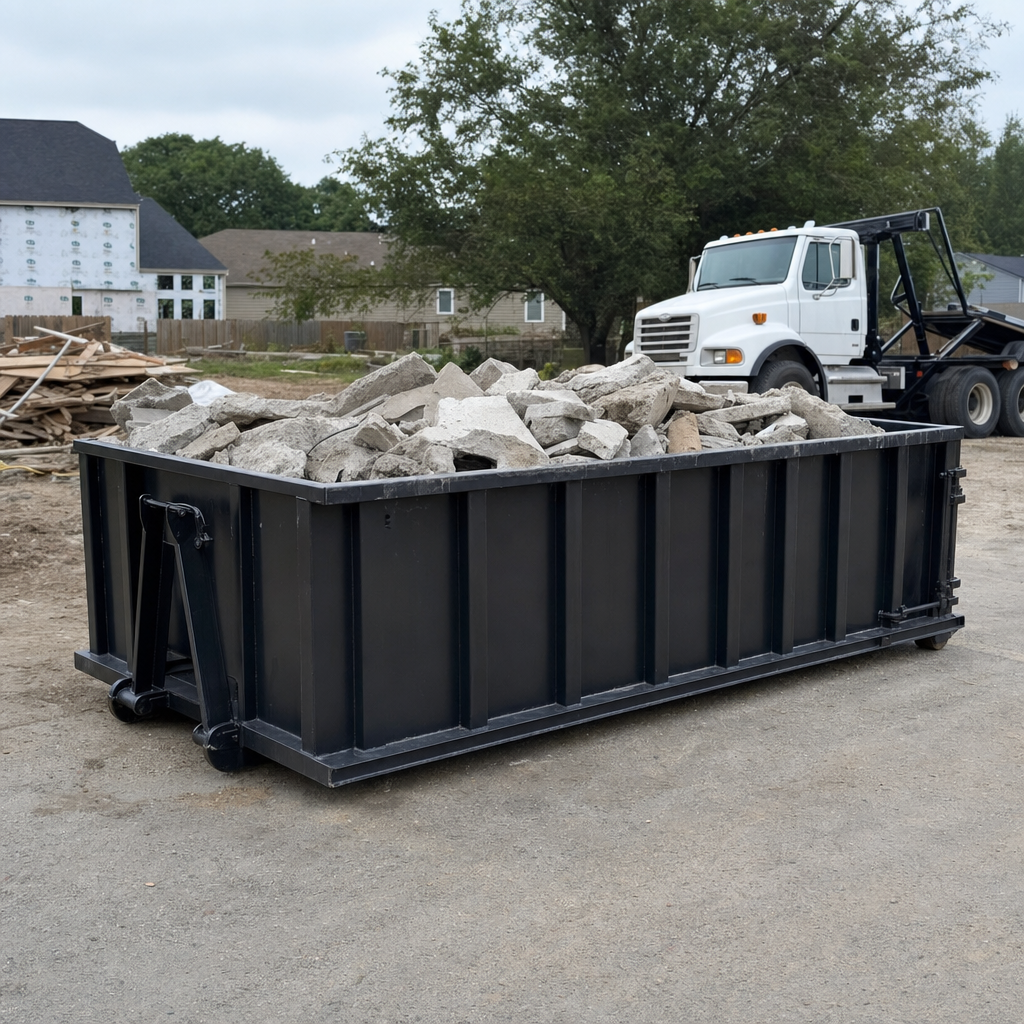 Low-profile matte-black lowboy roll-off dumpster loaded with broken concrete slab and rebar at a foundation tear-out in Merced, skid steer parked beside it, sunny Colorado morning