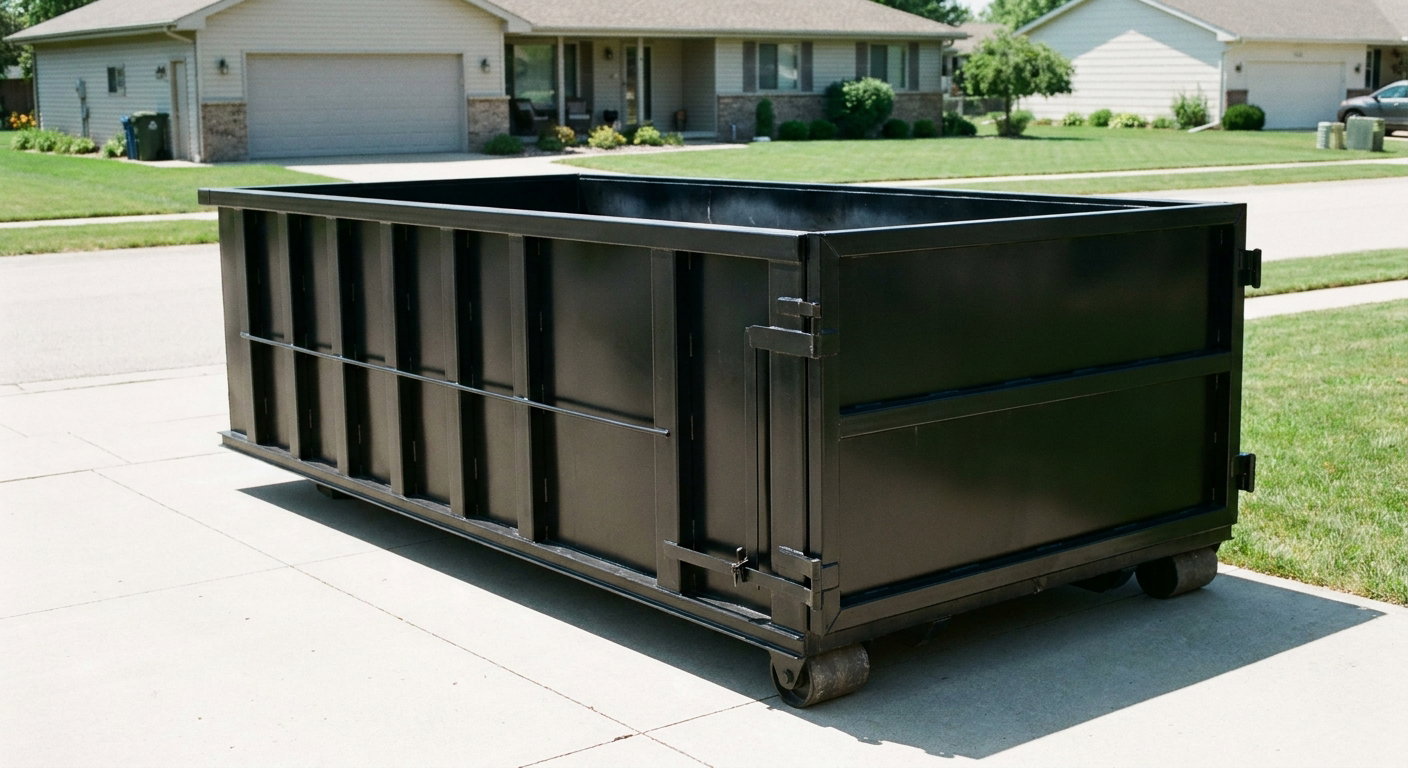 Matte-black 10-yard roll-off dumpster on a residential concrete driveway in Merced, uniformly painted matte black across every panel and rail, ribbed steel sidewalls and rear swing door visible, mid-day daylight.