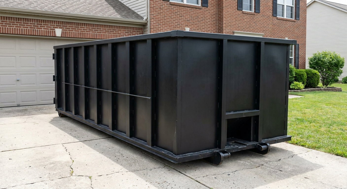 Matte-black 20-yard roll-off container on a Merced residential concrete driveway with reinforced ribbed steel sidewalls and a hinged rear walk-in door, clean bright daylight.