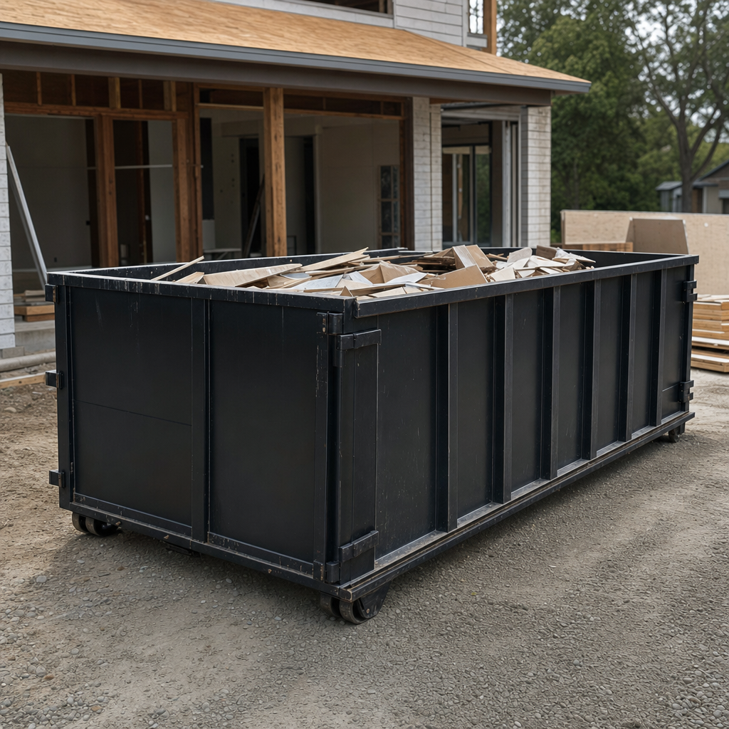Large matte-black 30-yard construction roll-off dumpster at an active Merced jobsite, steel-gray top rails and bottom rollers visible, loaded with construction debris.