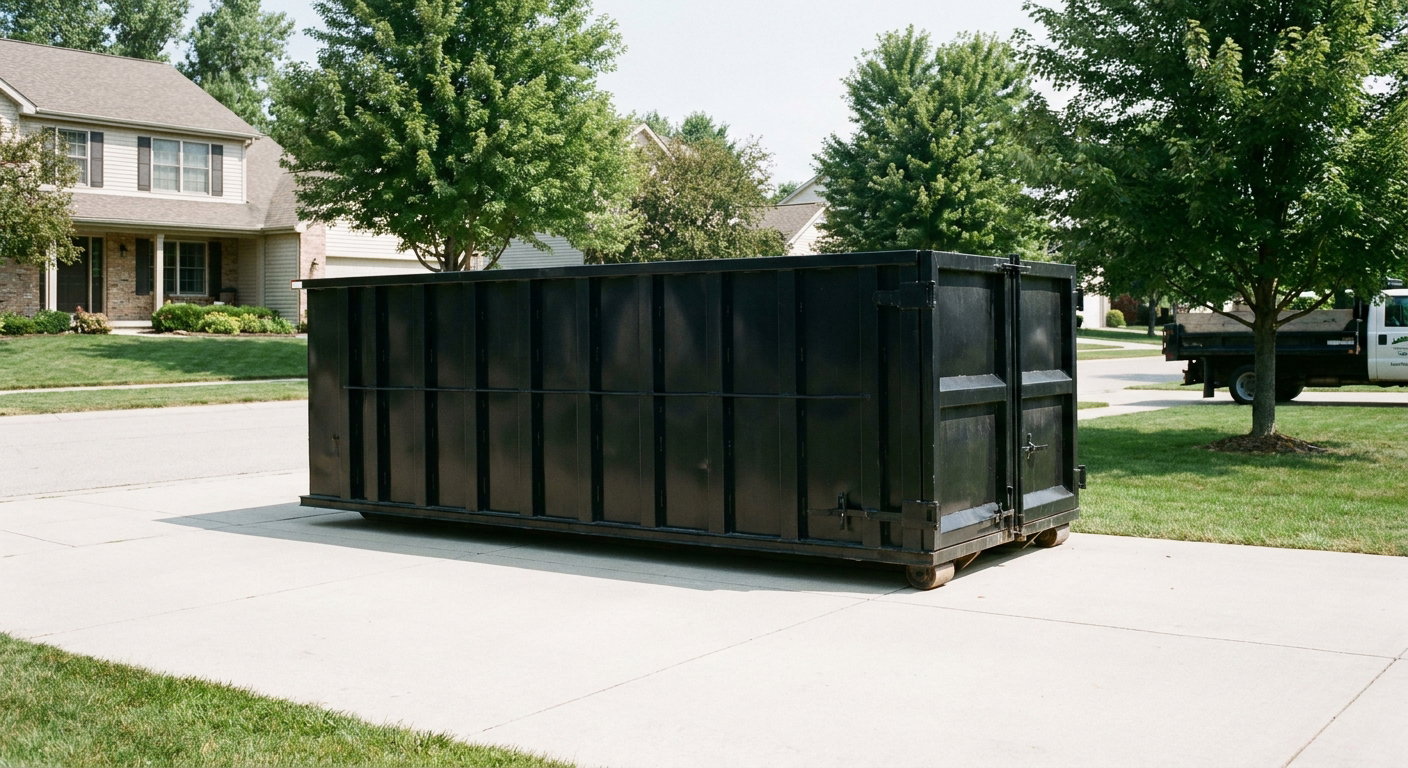 Matte-black 20-yard roll-off dumpster sitting level on a clean Merced residential concrete driveway under bright daylight, demonstrating clean placement directly on the concrete.