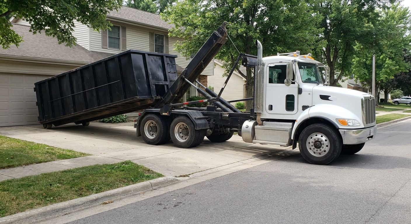 White-cab hooklift roll-off truck actively lowering a matte-black dumpster onto a Merced residential concrete driveway, the dumpster's rear wheels touching the driveway as the hoist arm tilts the bed forward, mid-morning daylight.