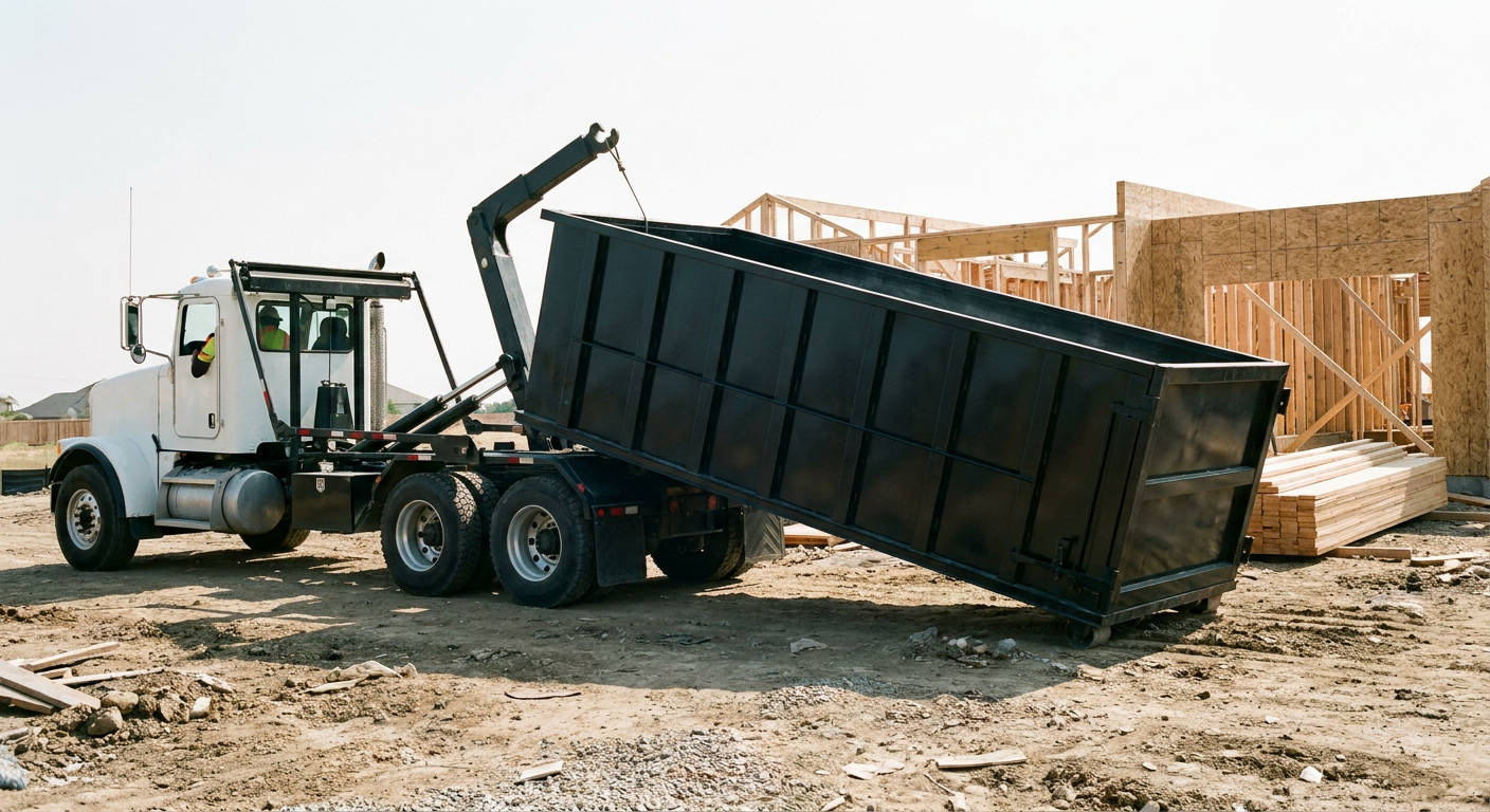 Matte-black roll-off dumpster being delivered onto a clean residential concrete driveway in Merced by an unmarked white hooklift hauler truck, bright morning daylight, documentary 35mm perspective.