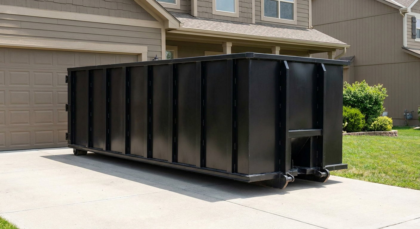Matte-black residential roll-off dumpster sitting directly on a suburban Merced concrete driveway, garage door closed, single-family home in background, bright morning daylight.