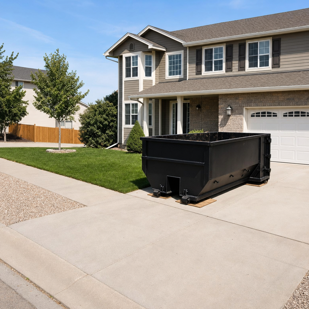 10-yard matte-black residential dumpster placed directly on a narrow Merced concrete driveway, room remains for a parked sedan beside it, mid-morning natural light