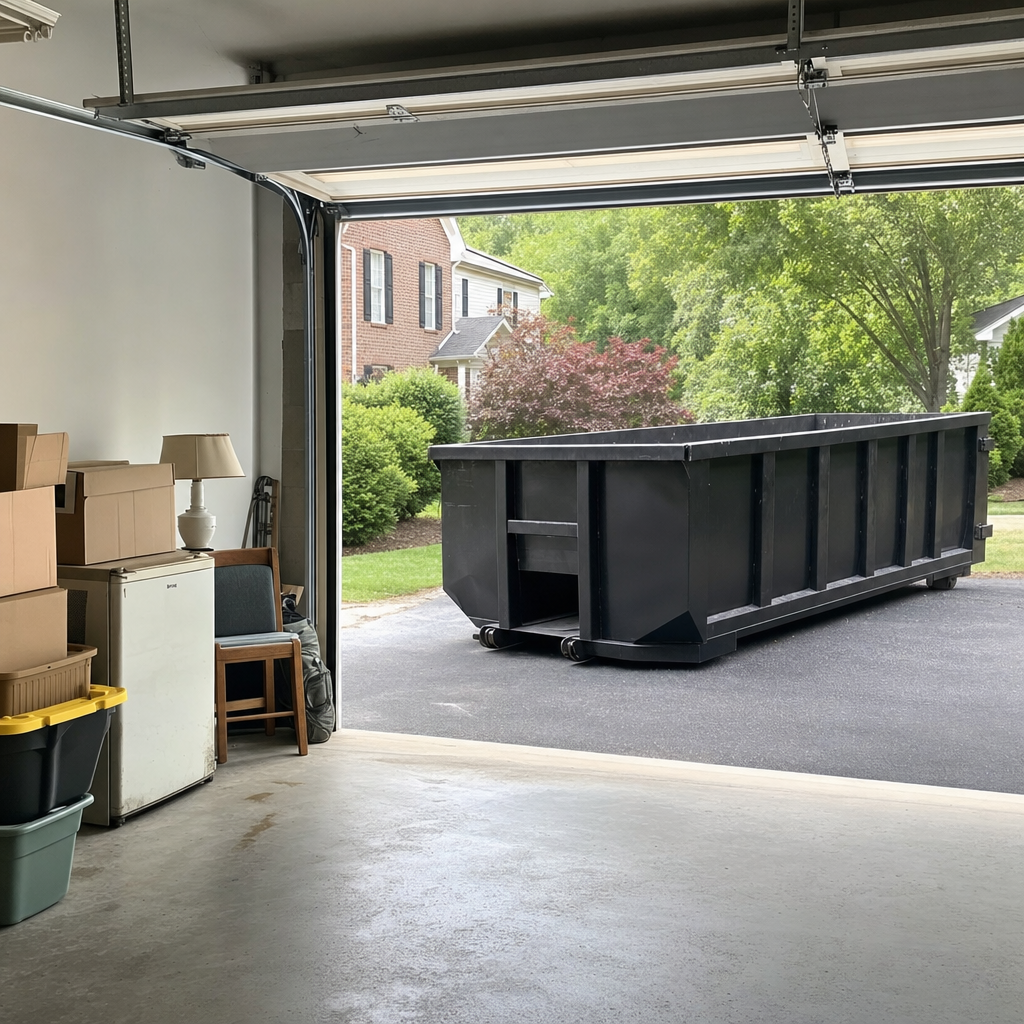 Open garage interior in a Merced home mid-cleanout — boxed items, an old appliance, and stacked yard tools queued near the driveway for a matte-black roll-off dumpster, organized and calm