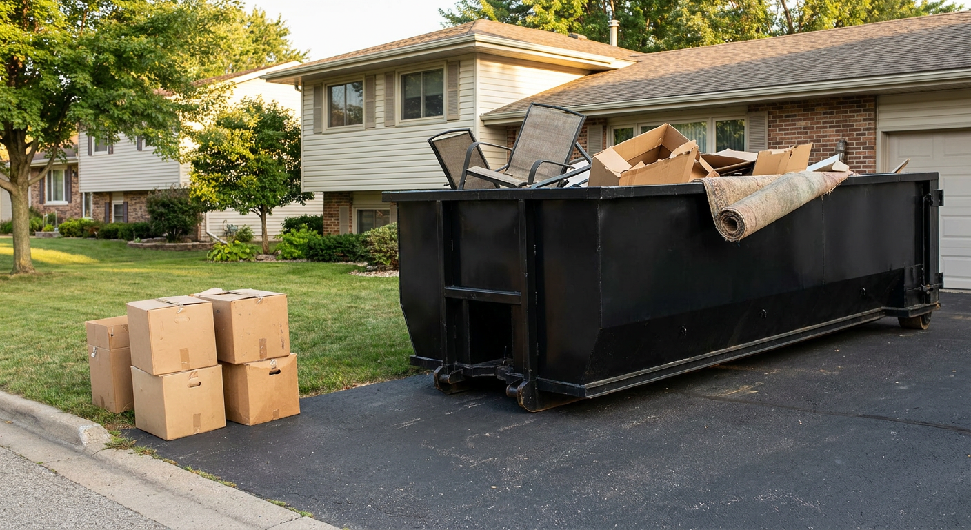 Front-yard view of a Merced split-level home with a 20-yard matte-black roll-off dumpster sitting directly on the asphalt driveway, a few clearly labeled donation boxes staged at the curb, calm sunny afternoon.