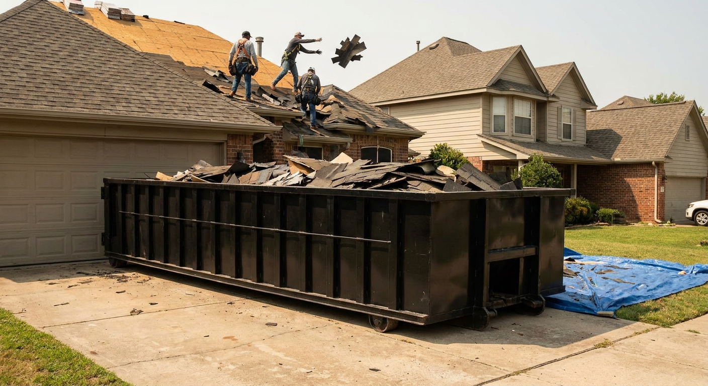 Matte-black roofing roll-off dumpster placed directly on a Merced residential concrete driveway, a tear-off crew on a two-story asphalt-shingle roof tossing shingle bundles into the low-walled container, bright daylight, documentary 35mm perspective.