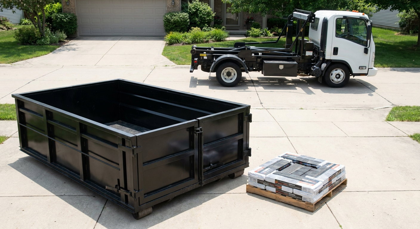 Matte-black 15-yard roofing roll-off dumpster with reinforced low side walls sitting directly on a Merced residential concrete driveway, three-tab asphalt shingle bundles stacked nearby, an unmarked white hauler truck partially visible at the edge of the frame.