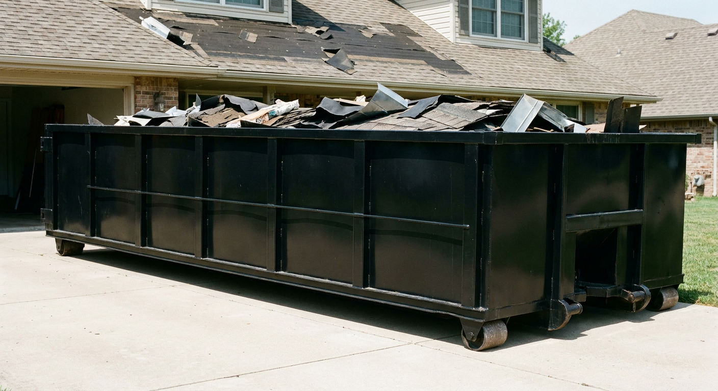 Matte-black 20-yard roofing roll-off dumpster with steel ribbed sides and swinging rear door, sitting directly on the concrete driveway of a two-story Merced home, asphalt shingle debris being loaded over the low wall, clean documentary lighting.