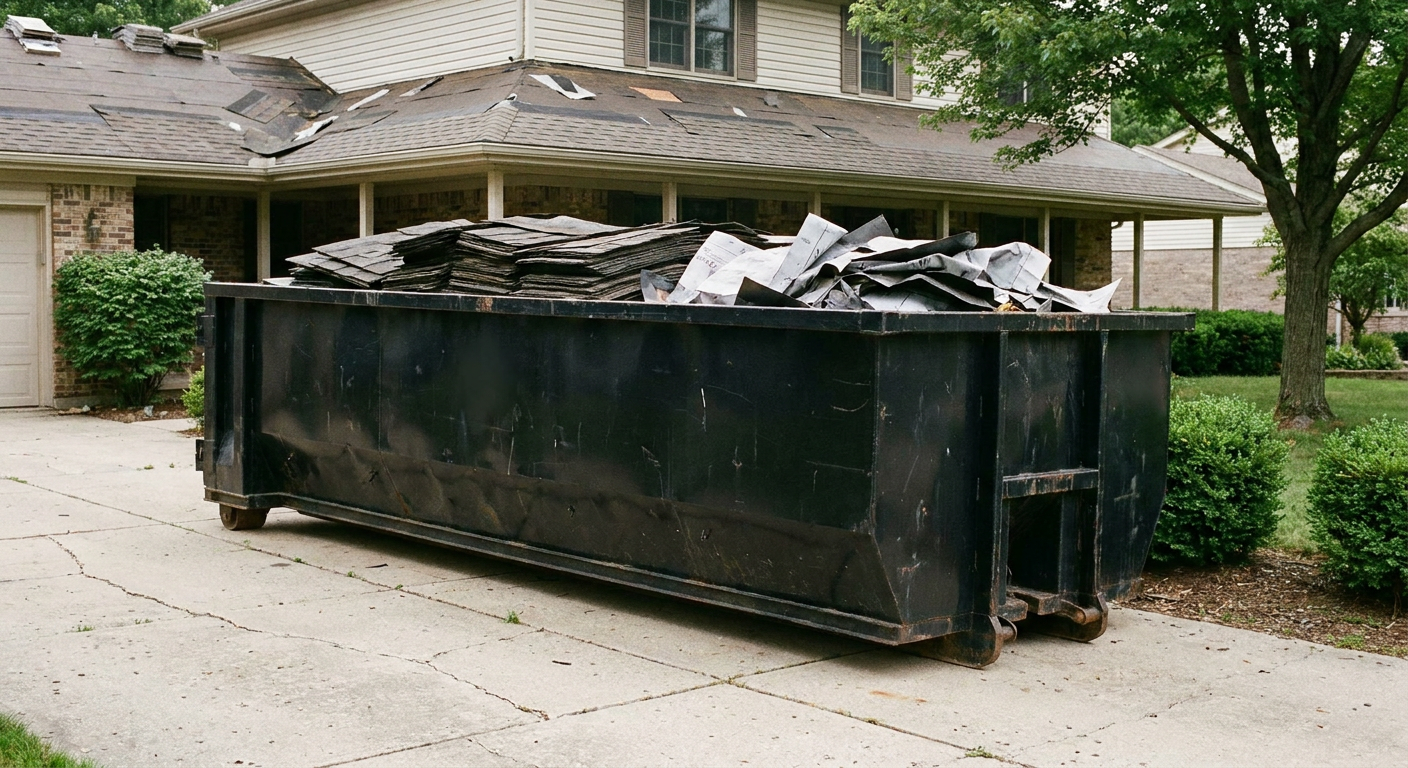 Matte-black 30-yard roofing roll-off dumpster sitting directly on a Merced concrete driveway, taller ribbed steel side panels, mixed tear-off debris of asphalt shingles and underlayment inside, professional documentary daylight.