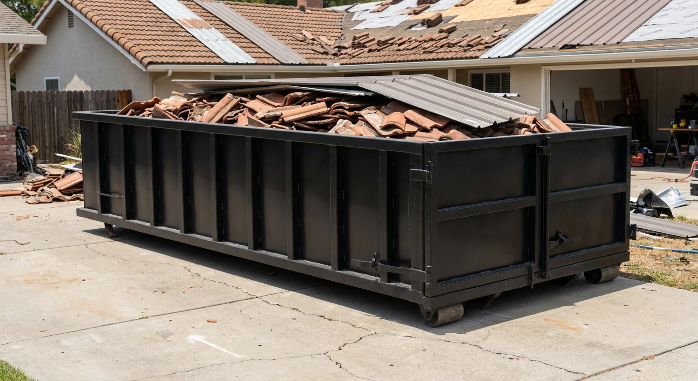 Matte-black low-wall heavy-debris roofing roll-off dumpster sitting directly on a Merced concrete driveway, broken concrete clay roof tiles and metal panel sections loaded inside, reinforced ribbed steel side walls visible, bright outdoor daylight.