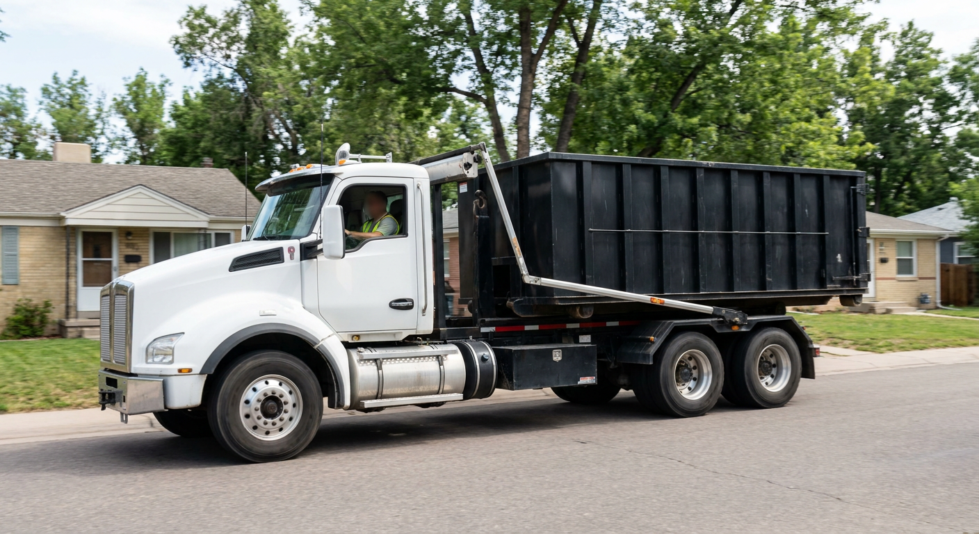 A wide documentary shot of a matte-black roll-off delivery truck pulling onto a quiet Merced residential street at mid-morning, with neighborhood rooftops and tree-lined blocks visible behind, showing the metro coverage footprint.