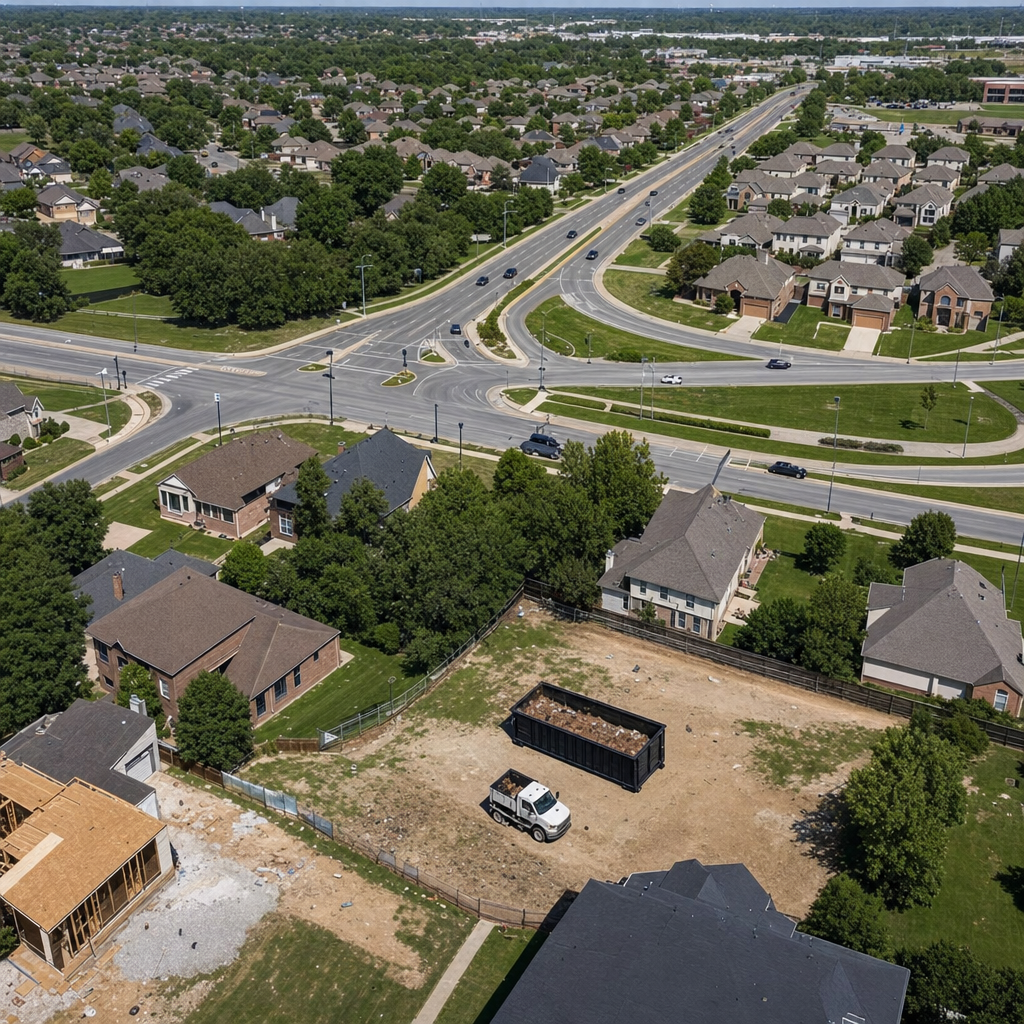 An overhead documentary view of the Merced metro area at midday, showing the spread of neighborhoods, arterial roads, and the dispatch radius from a central yard — clean daylight, organized geographic layout.