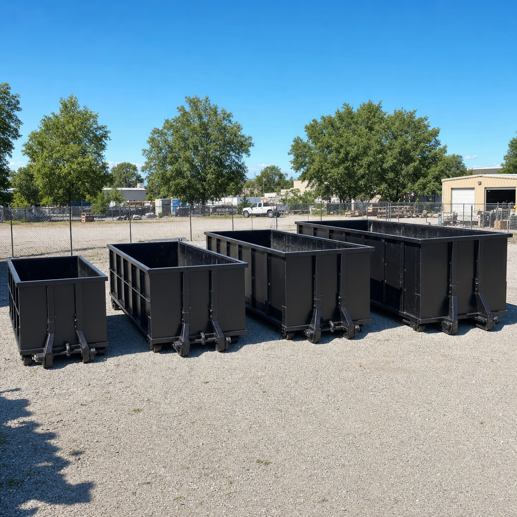 A clean lineup of matte-black roll-off dumpsters in 10, 20, 30, and 40-yard sizes staged on a sunlit gravel yard in Merced, showing the size progression from compact to commercial-scale containers.