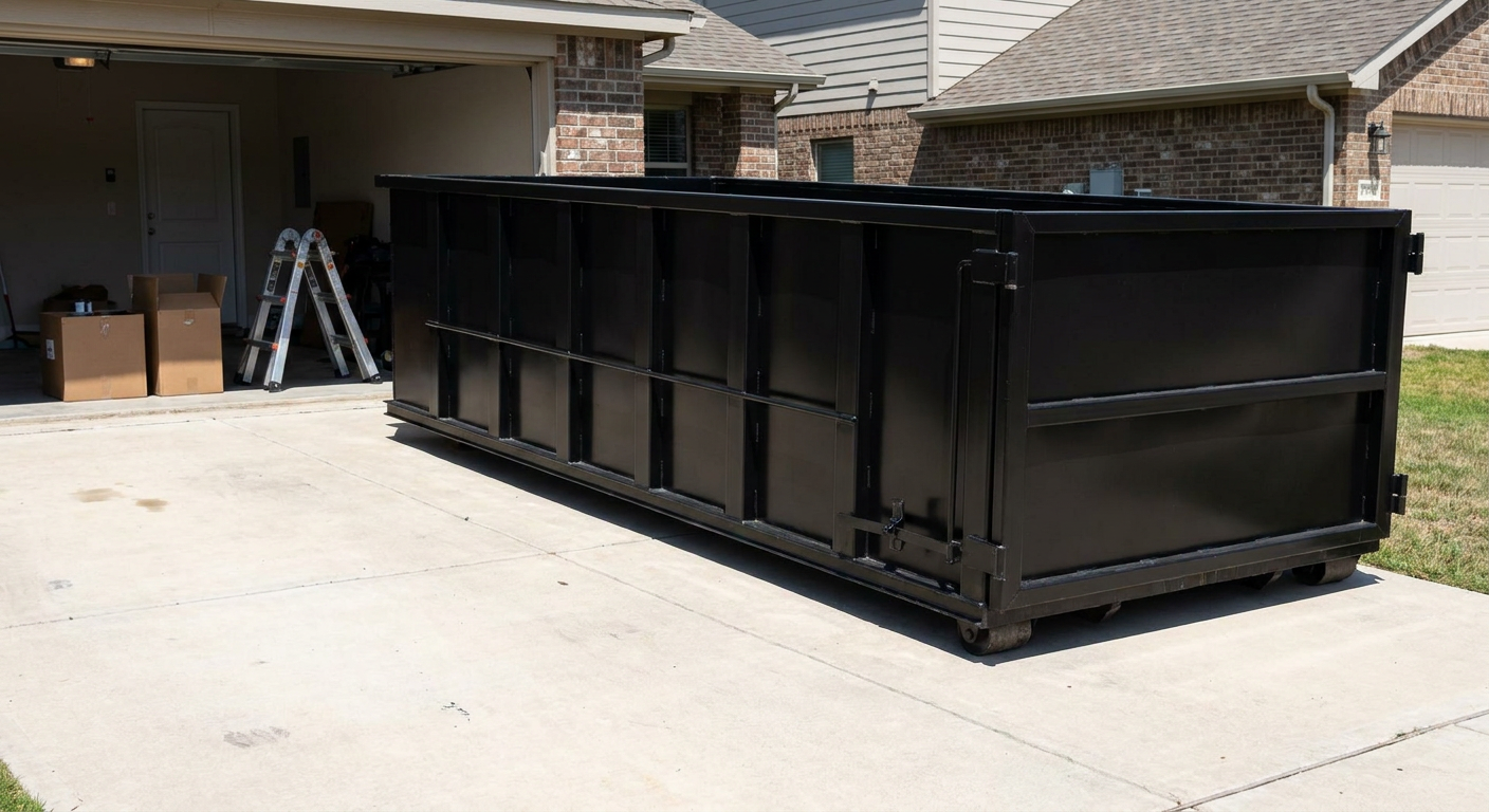 A matte-black 10-yard roll-off dumpster sitting directly on a residential Merced concrete driveway, mid-day sunlight, clean and ready for a garage cleanout.