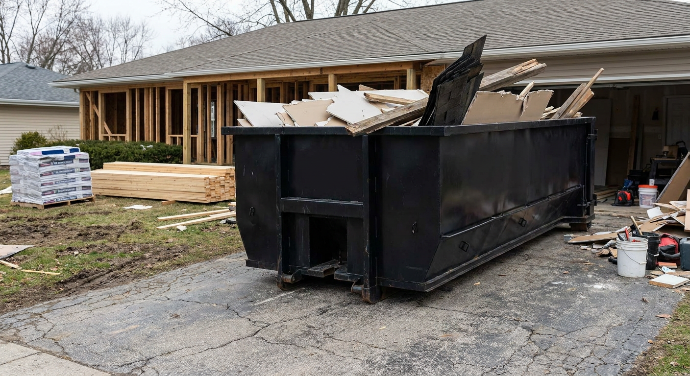 A matte-black 20-yard roll-off dumpster placed alongside a mid-renovation Merced home directly on the asphalt driveway, with framing materials and torn-off shingles staged neatly nearby.
