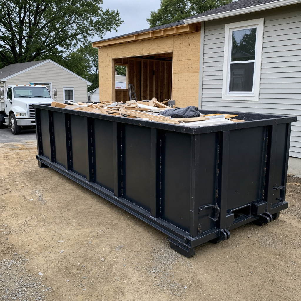 A matte-black 30-yard roll-off dumpster positioned at a Merced residential addition jobsite, with framing lumber and drywall scraps loaded through the open swinging rear doors.