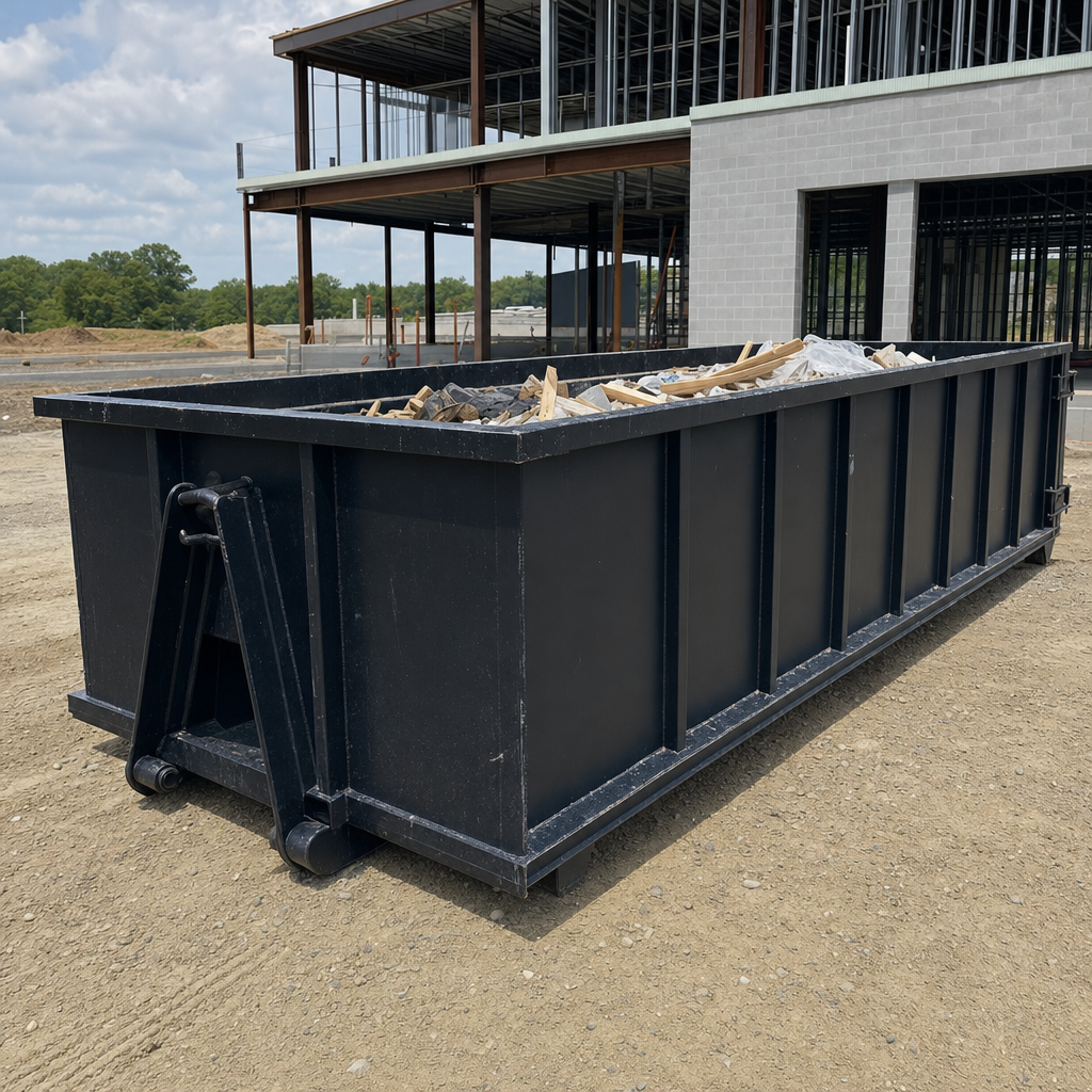 A matte-black 40-yard roll-off dumpster staged on a large Merced commercial construction lot, with a hooklift delivery truck parked alongside under bright midday sky.