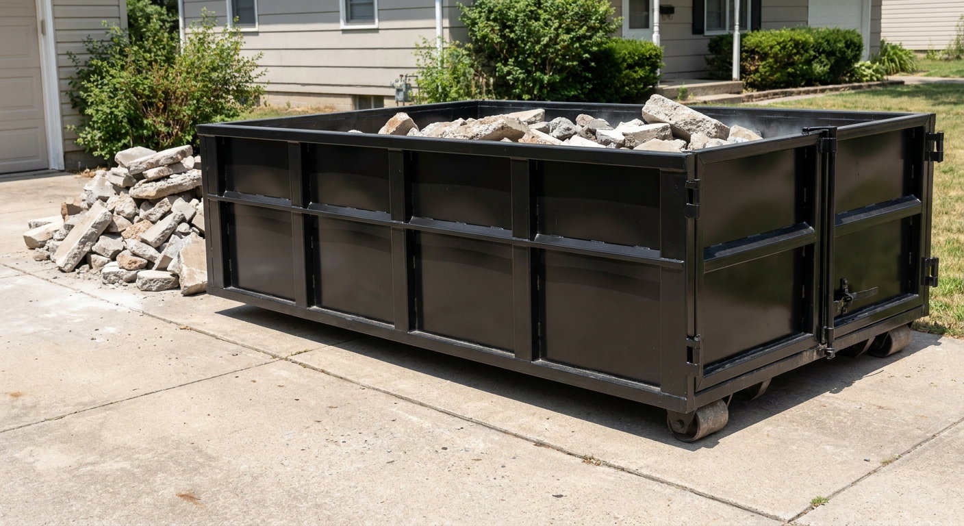 A matte-black low-side heavy-debris roll-off dumpster placed directly on a Merced concrete driveway, with broken concrete chunks neatly stacked beside it under clean daylight.